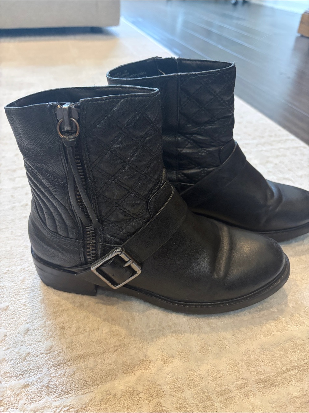 Steve Madden Women’s Black Quilted Leather Ankle Boots with Buckle